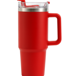 Insulated Stainless Steel Travel Tumbler with Handle & Straw – Red