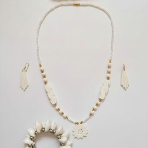 Handcrafted White Marbal Beaded Floral Jewelry Set with Necklace, Earrings, Bracelet & Hair Clip