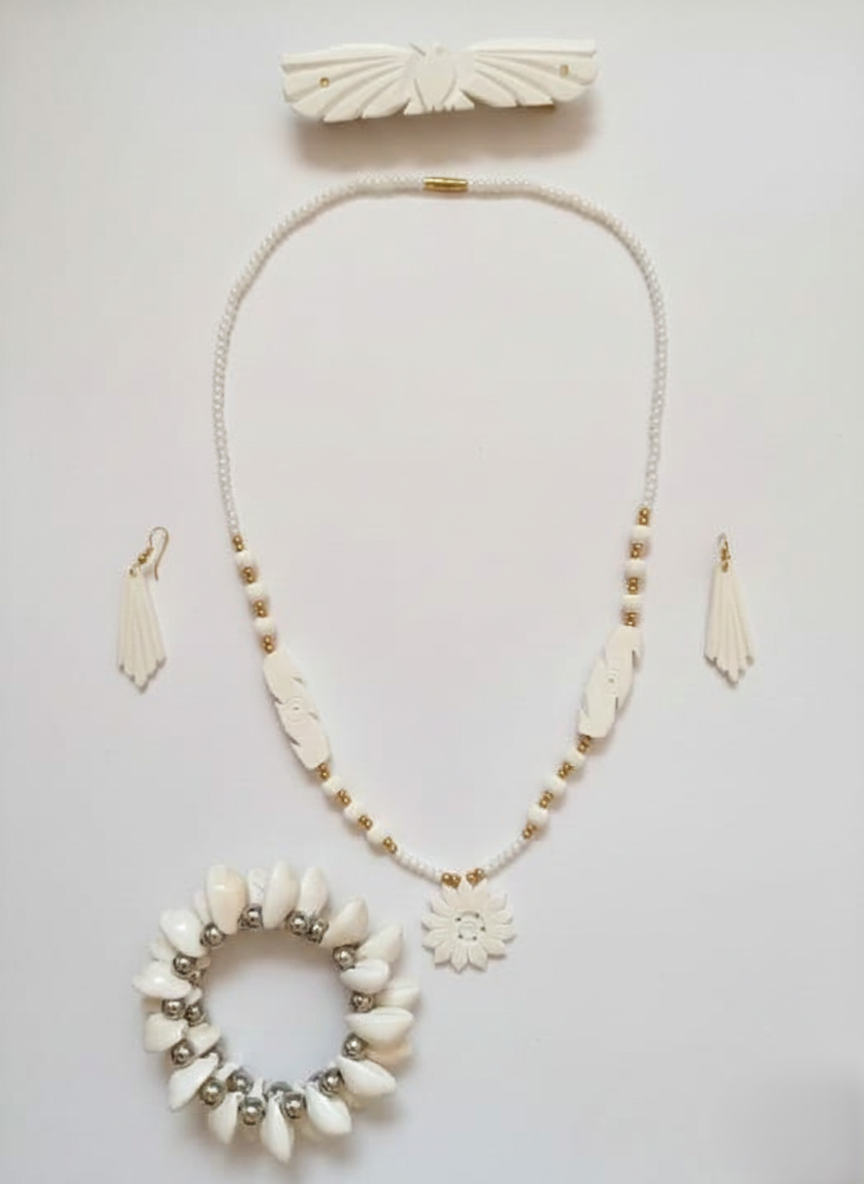 Handcrafted White Marbal Beaded Floral Jewelry Set with Necklace, Earrings, Bracelet & Hair Clip