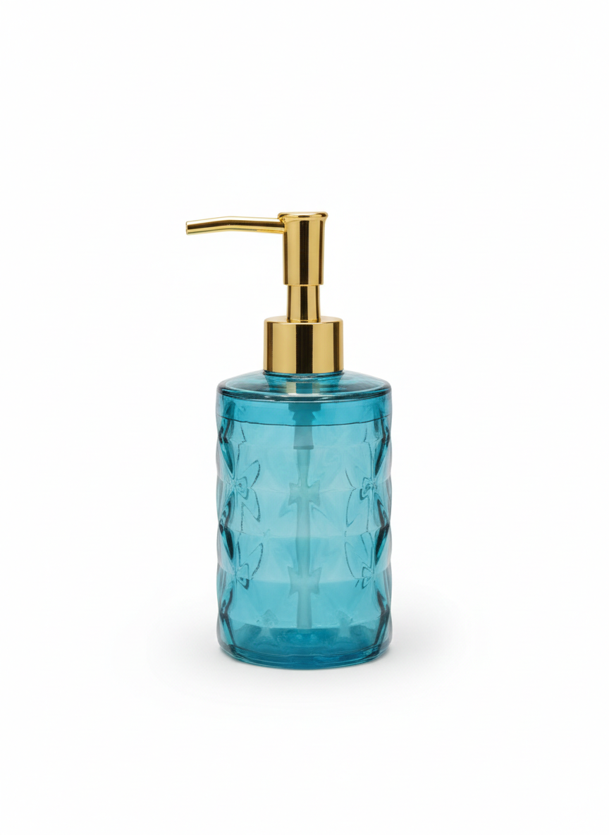 Premium Blue Glass Soap Dispenser Bottle with Gold Pump | Luxury Liquid Soap / Handwash Dispenser for Bathroom & Kitchen | Refillable & Durable